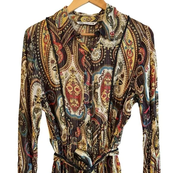 Zara Alabama Belted Midi Shirt Dress Women’s Medium Gold Paisley Lurex Button Up - Picture 9 of 13